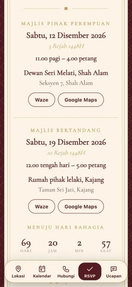 Dua majlis dengan tarikh Hijrah dan butang Waze