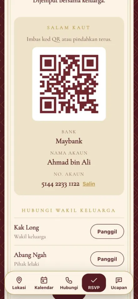 Bahagian salam kaut dengan kod QR dan wakil keluarga